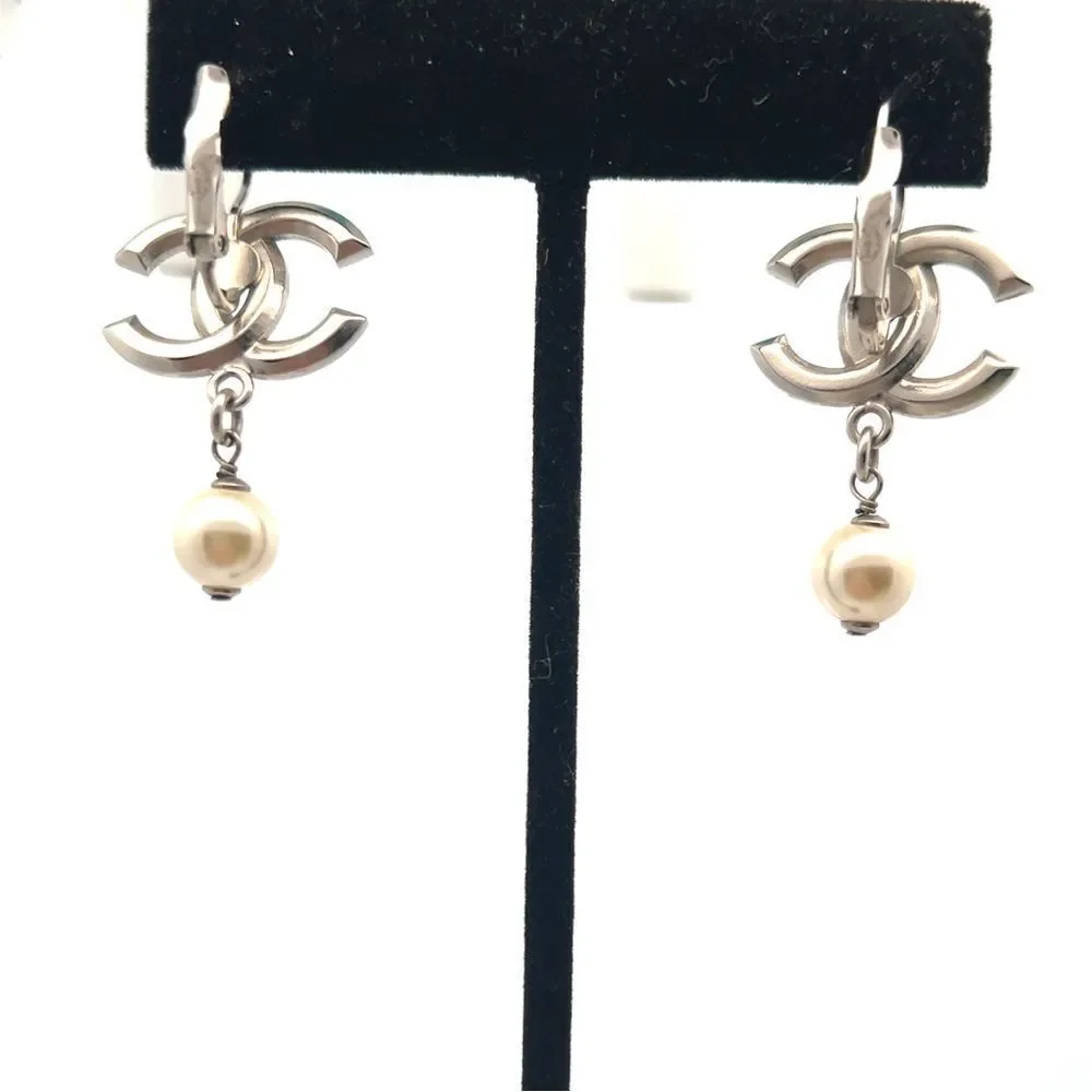 Chanel Chanel CC Faux Pearl & Crystal Silver Tone Drop Earrings